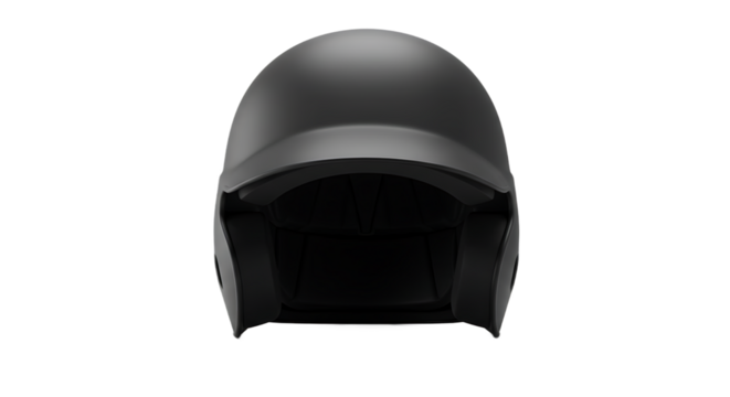 Black Protective Sports Helmet with Visor, Front-Top View on Transparent Background