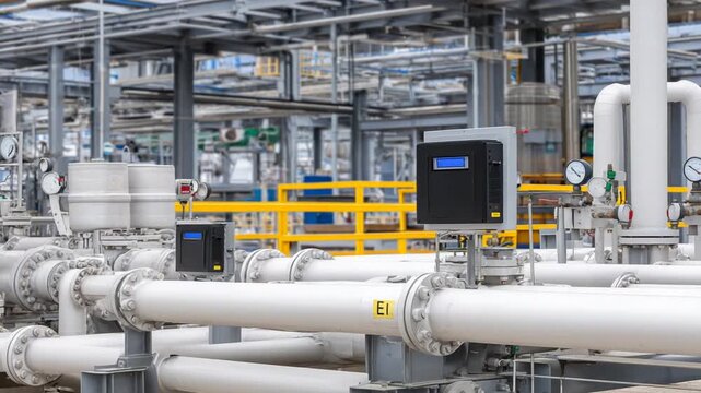 Explore a detailed industrial piping grid featuring a dense array of fittings, gauges, flow meters, and control units.