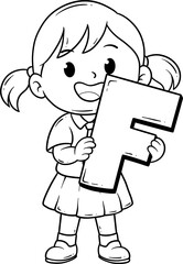 cute girl with letter F cartoon outline