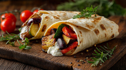 
A sliced pita wrap filled with grilled vegetables and creamy sauce, showcasing vibrant colors, fresh textures, and appetizing layers on display.