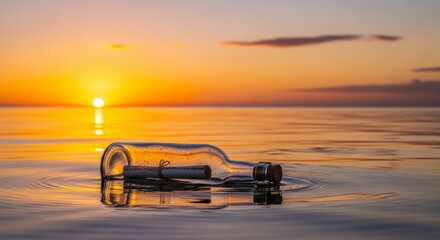 Floating message in a bottle drifts on calm ocean waves at vibrant sunset