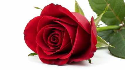 A luxurious long stemmed Valentine rose with green leaves detailed macro shot vibrant colors on a white background