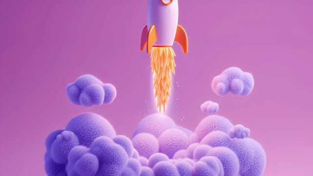 AI generated video rocket launching app startup success pastel design digital marketing 3d. AI generated video animated rocket blast smartphone app pink background business launch 3d.