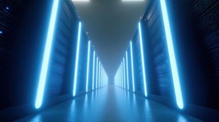 A 3D render of a futuristic server room with glowing blue light, symbolizing data processing and cloud technology.