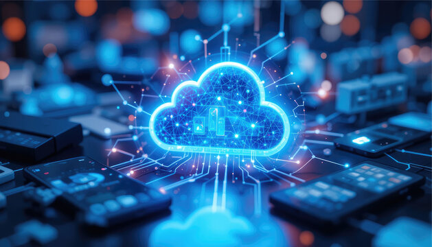 A glowing cloud icon connected to multiple devices.