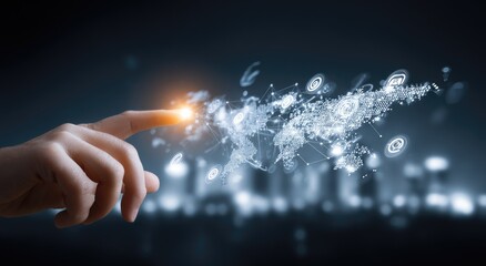 A hand with a finger pointing at a glowing, interconnected world map overlayed with data streams