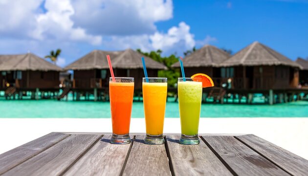 Colorful drinks on a beach table