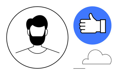 Minimal profile icon with a bearded face in a circle, thumbs-up symbol, and cloud outline. Ideal for user profiles, feedback, positivity, approval, communication, design concepts simple landing page