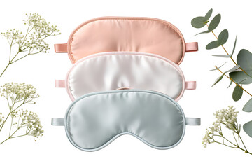 Three soft silk sleep masks isolated on white background