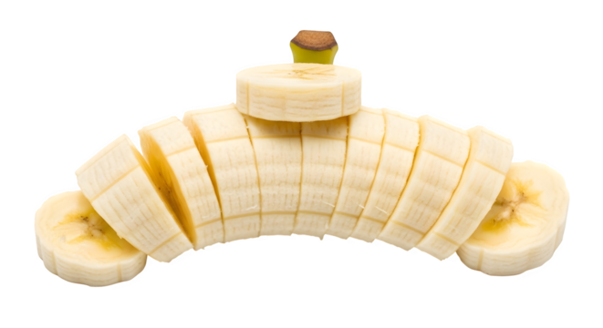 Fresh and neatly sliced banana pieces, showcasing a healthy and delicious fruit snack isolated on transparent background