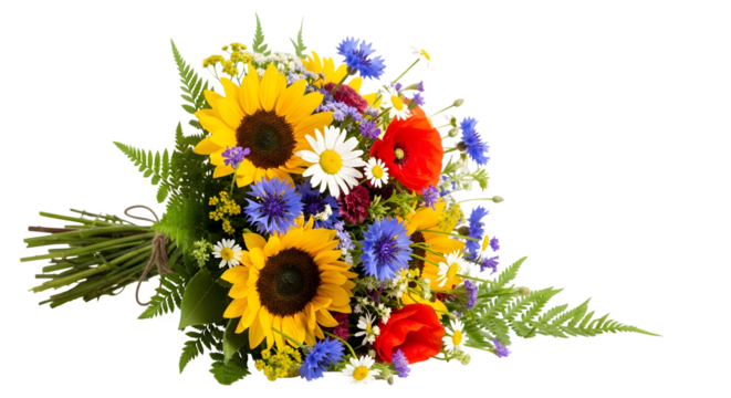 Beautiful bouquet of sunflowers, cornflowers, poppies, and daisies isolated on transparent background, perfect for summer celebrations and rustic weddings