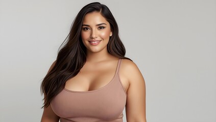 Fototapeta premium A portrait of a beautiful brunette model smiling in a studio, posing with long hair, a woman with long brown hair wearing a pink tank top, high resolution, detailed, photorealistic