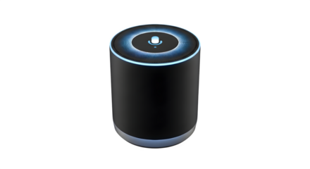 A sleek black smart speaker with blue light accents, isolated on transparent background, showcasing modern audio technology for home entertainment