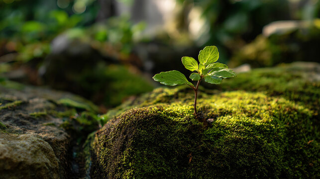 A small green sprout emerges from mossy stone under warm sunlight, creating a peaceful natural scene full of life and soft texture.