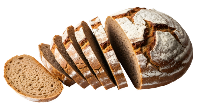 Sliced rye bread loaf isolated on transparent background, showcasing its texture and crust, perfect for culinary and food photography projects