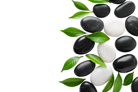 Smooth black and white stones with green leaves isolated on white background