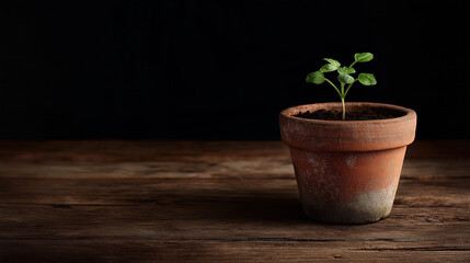 Obraz premium A small sprouting plant grows in a rustic terracotta pot, resting on a dark wooden background that highlights its fresh vitality.