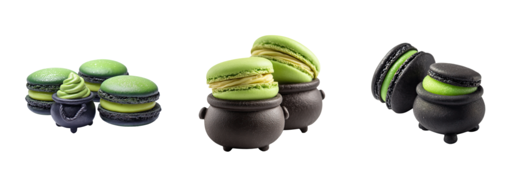 Green tea macaroon dessert arrangement on black ceramic bowl with creamy filling, bright matcha color and delicate texture, appetizing pastry composition evoking cozy indulgence