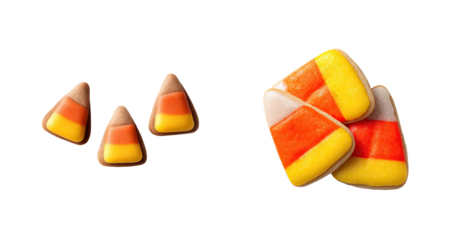 Candy corn cookie trio and stacked candy corn cookie with bright yellow orange and white icing creating festive autumn confection delight, soft baked texture and sugary sparkle