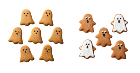 Ghost shaped cookie arrangement with spooky icing face details and warm baked texture, playful festive mood suitable for Halloween party treats and seasonal baking ideas