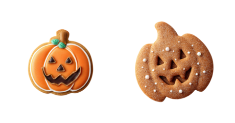 Halloween pumpkin cookie with carved face and icing detail on transparency background, festive spooky treat for autumn celebration