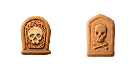 Skull cookie tombstone with decorative icing and spooky expression, brown gingerbread biscuit on transparency background, Halloween dessert and party treat with carved skull motif