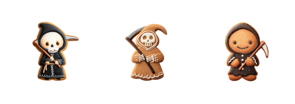 Three gingerbread grim reaper cookie characters with icing detail holding scythe and wearing hooded robe, whimsical Halloween dessert scene smiling and spooky