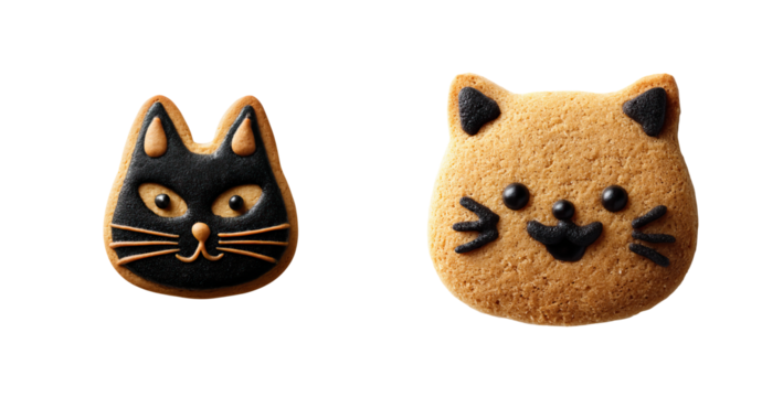Black iced cat cookie and smiling cat cookie with chocolate decoration on transparency background, cute cozy dessert scene with warm baking texture