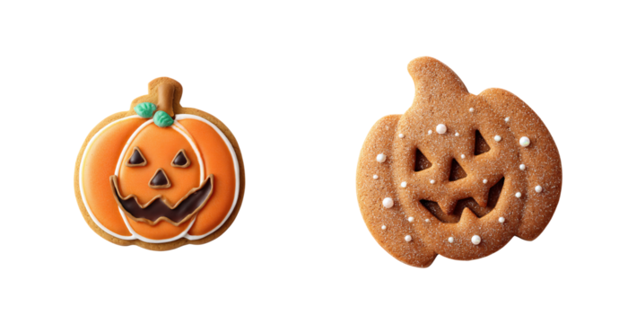 Halloween pumpkin cookie with carved face and icing detail on transparency background, festive spooky treat for autumn celebration