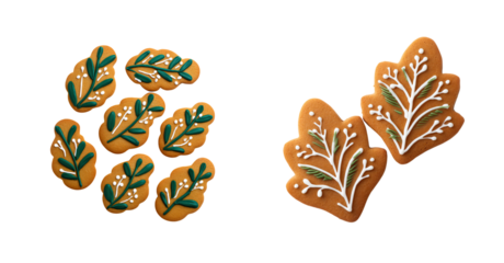 Gingerbread leaf cookie with green and white icing decoration, festive baked cookie arrangement with botanical motif and holiday garnish