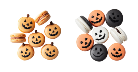 Halloween pumpkin macarons and assorted spooky face macarons arranged on transparency background with playful festive mood