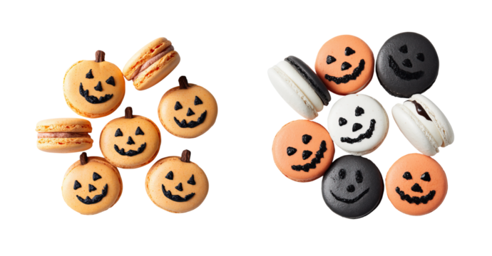 Halloween pumpkin macarons and assorted spooky face macarons arranged on transparency background with playful festive mood
