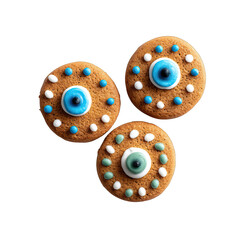 Obraz premium Iced cookie with blue and green candy center and white and teal dot icing, iced cookie with blue and green candy center and white and teal dot icing, iced cookie with blue and green candy center