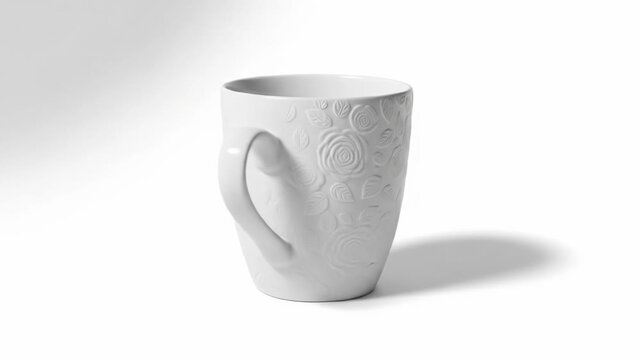 White mug with rose pattern on clean white background casting shadow