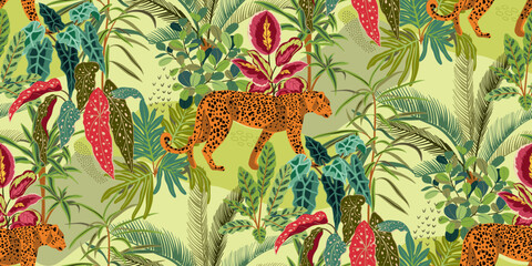 Bright vector seamless pattern with colorful tropical plants and flowers, palm leaves. Cute botanical contemporary endless background. Hand drawn unique print