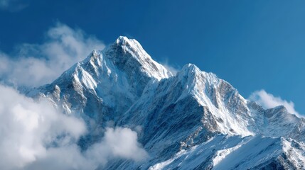 Obraz premium Majestic mountain peaks covered in snow under a bright blue sky, with clouds drifting by