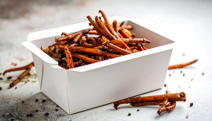 Crispy, seasoned root vegetables in a white takeout container