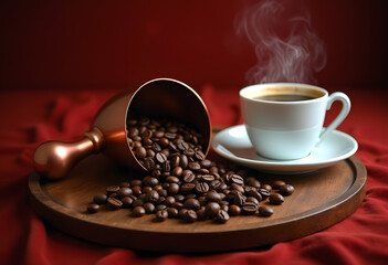 
Freshly Roasted Coffee and  Steaming Cup and Spilled Beans