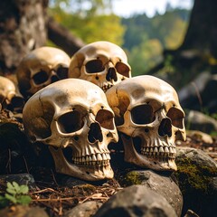 A chilling collection of human skulls scattered in a forest setting.