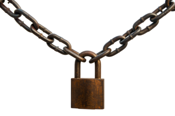 Rusty padlock secured by heavy chain isolated on white background