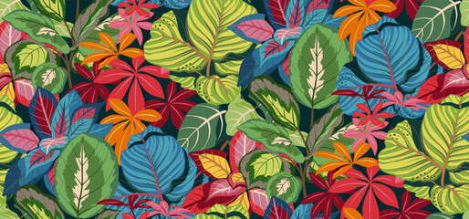 Bright vector seamless pattern with colorful tropical plants and flowers, palm leaves. Cute botanical contemporary endless background. Hand drawn unique print
