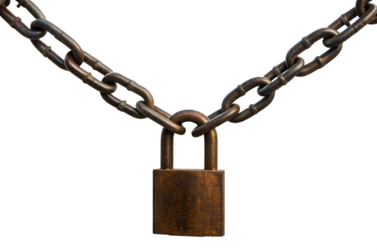 Rusty padlock secured by heavy chain isolated on white background