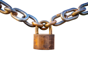Rusty padlock securing a heavy metal chain isolated on white background