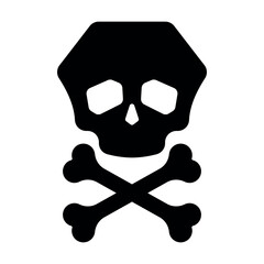 Black skull and crossbones icon isolated. Simple danger sign, toxic warning, pirate symbol, poison emblem. Minimal silhouette illustration for caution, hazard, safety design.