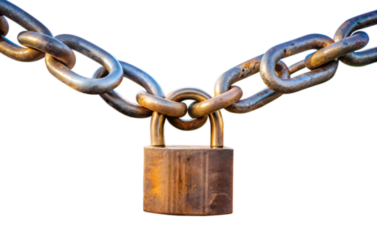 Rusty padlock securing a heavy metal chain isolated on white background