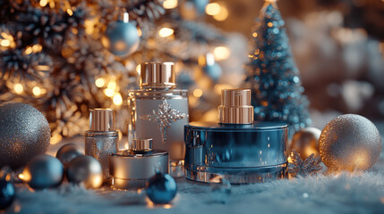Christmas still life showing an elegant perfume bottle placed near christmas tree branches with christmas ball ornaments, a gift and a warm bokeh effect
