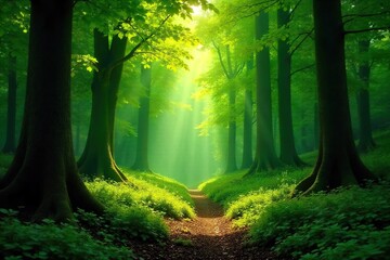 Obraz premium Lush green forest canopy, dappled sunlight filtering through leaves, vibrant undergrowth Perfect for nature, environmental, and travel themes , twigs, organic