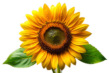 Obraz premium Bright yellow sunflower with green leaves isolated on white background