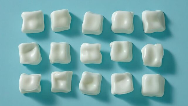 Multiple toothpaste tubes arranged neatly on a bright blue surface