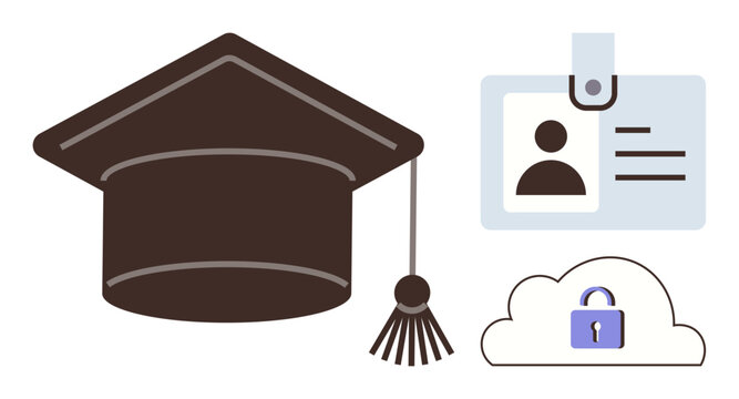 Graduation cap, ID badge, and padlocked cloud illustrate education, identity, and data security. Ideal for learning platforms, cybersecurity, student records, privacy digital tools academic access
